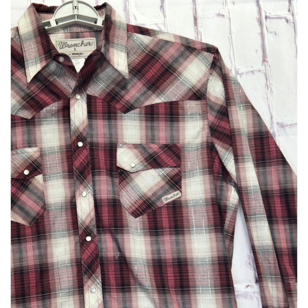 Wrangler Wrancher Western Shirt Red Plaid Metallic Pearl Snap Cowboy Mens Size L